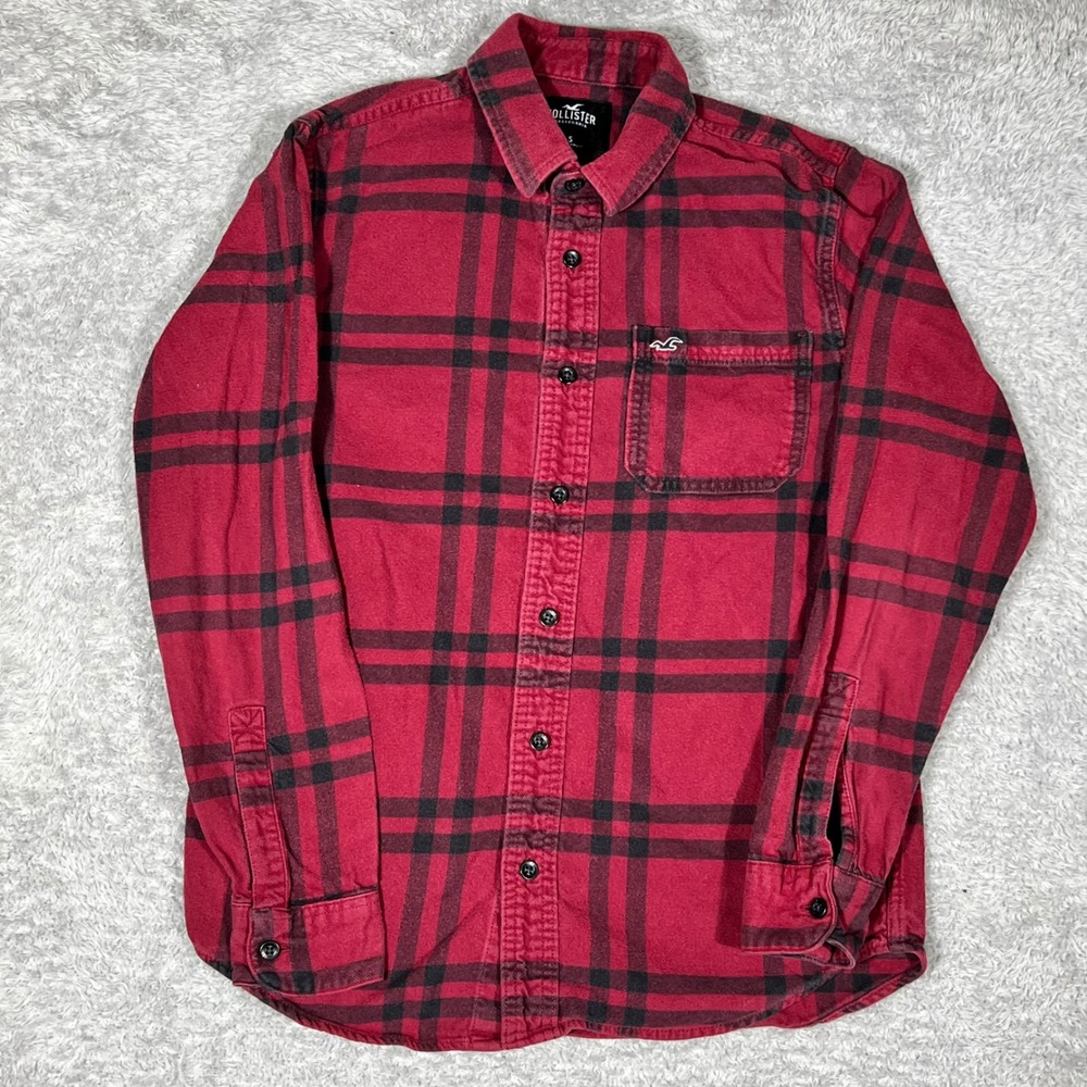 Hollister Mens Red Black Plaid Flannel Button Down Shirt Small‎ Long Sleeve Logo